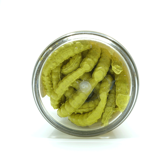 Koeder kunstmaden berkley power bait honey worm garlic yellow fischefischen 01